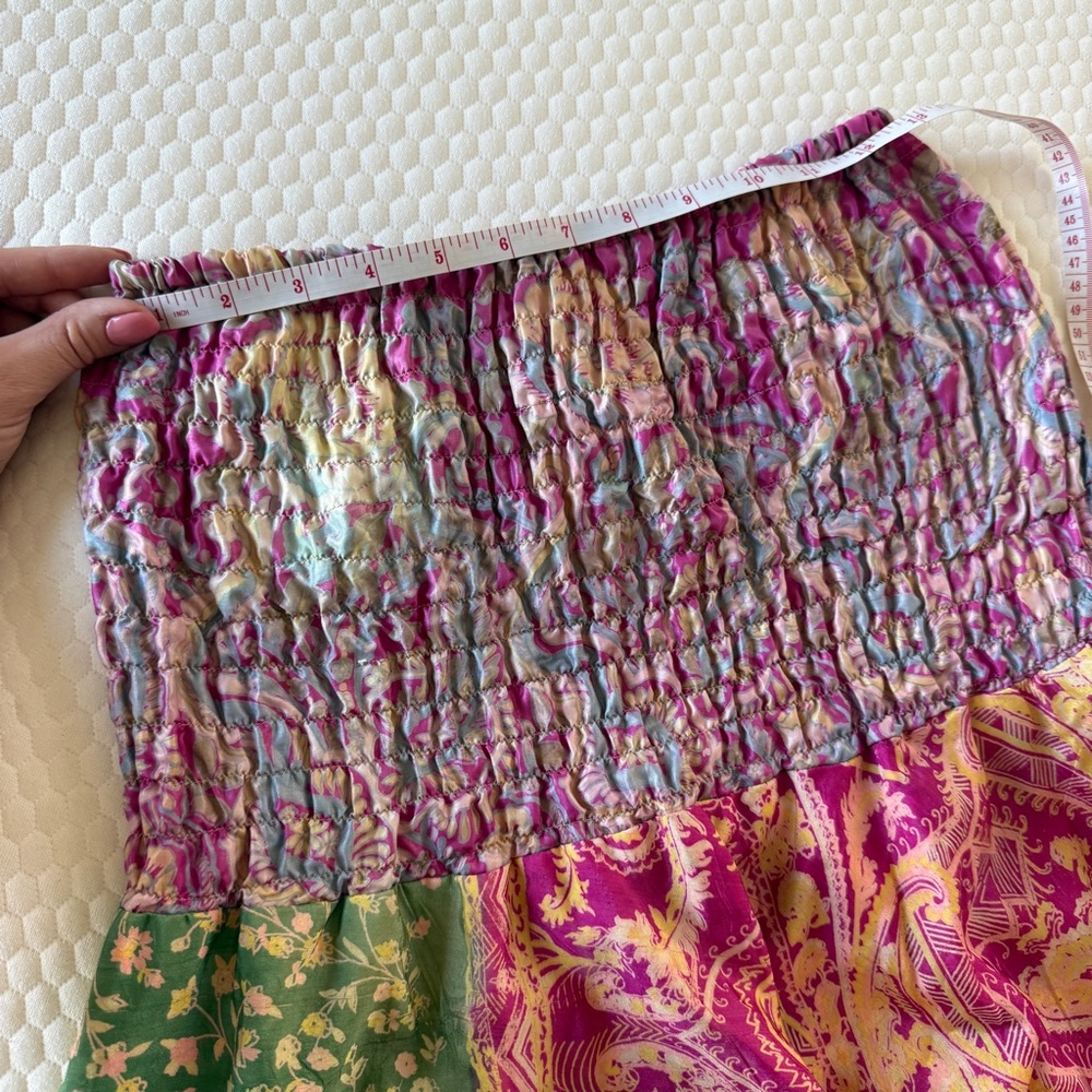 Boho 100% silk multicolor patchwork midi smocked … - image 6